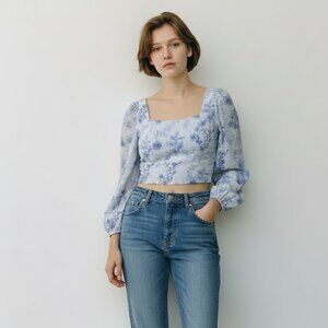 House of Harlow 1960 Blue Floral Puff Sleeve Crop Top Women's Small